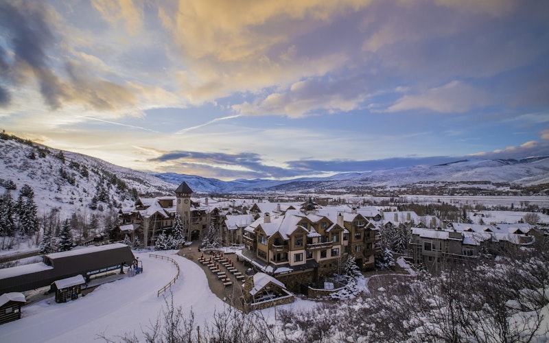 Aerial view Arrowhead Village covered with snow in Beaver Creek Resort