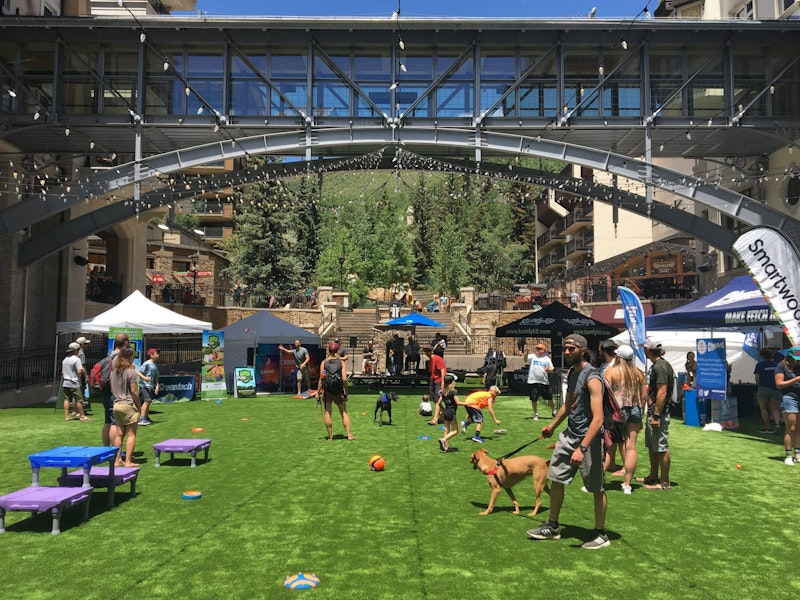A busy summer day in Vail with people walking their dogs and children playing.