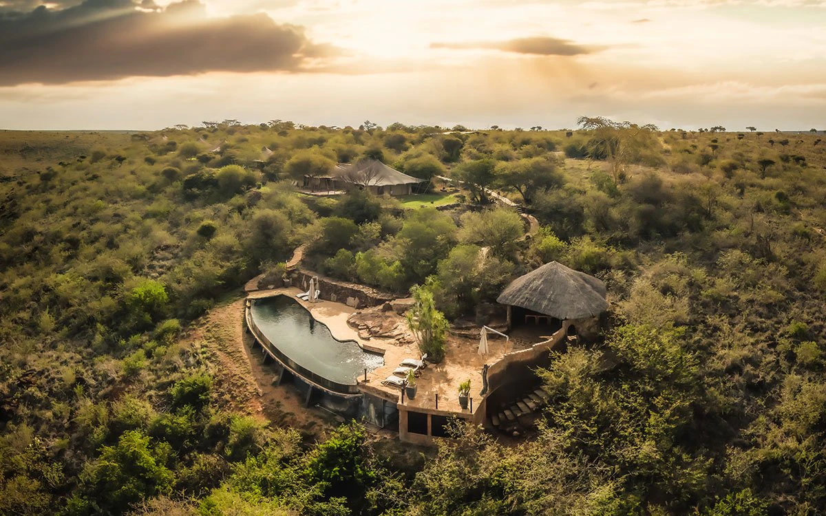 Aerial view of Loisaba Tented Camp emphasising the camp's unique location