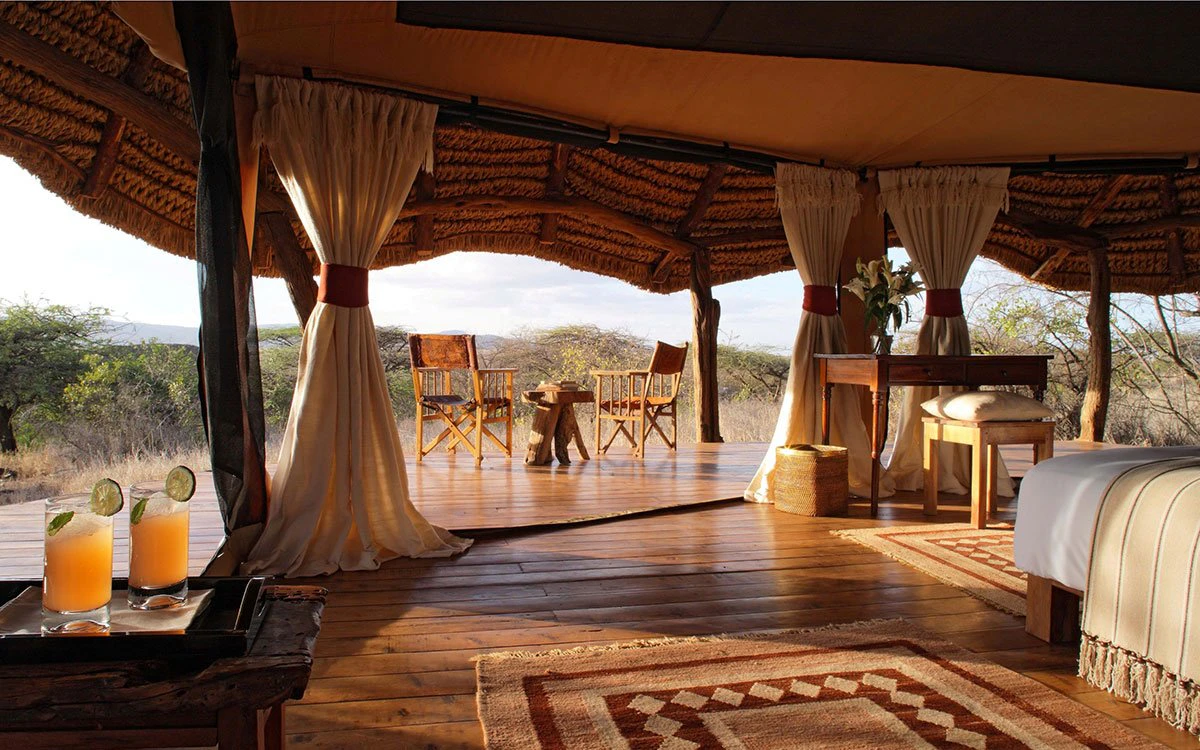 Interior view of a tent at Lewa highlighting the bedroom and veranda