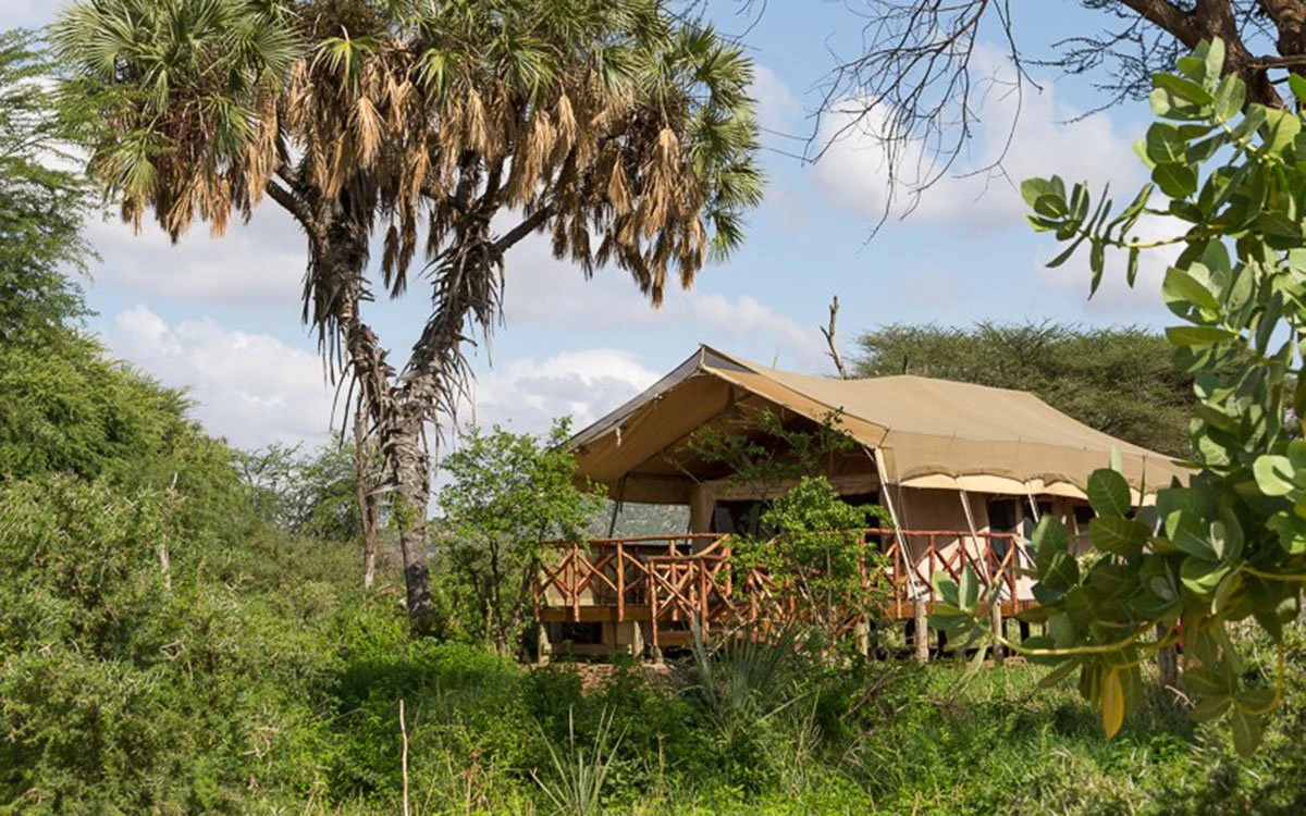 Exterior of the Elephant Bedroom Camp with its lush, verdant surroundings in view