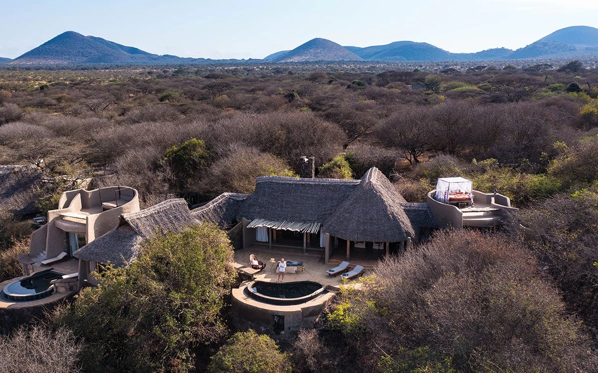 Aerial view of ol Donyo Lodge showing how it seamlessly blends into the Kenyan landscape surrounding it