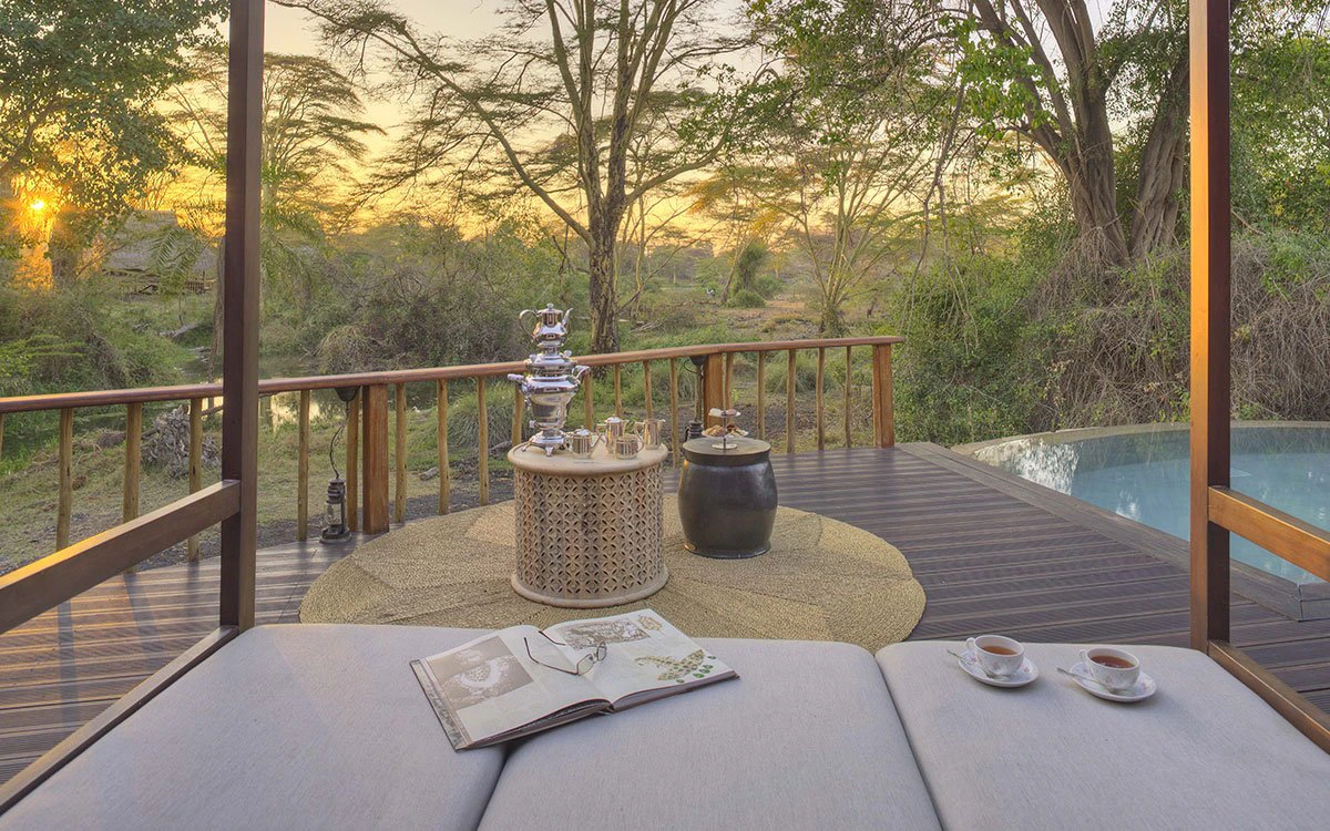 One of the private balconies at Finch Hattons with a delightful view of the bush and the plunge pool to the side