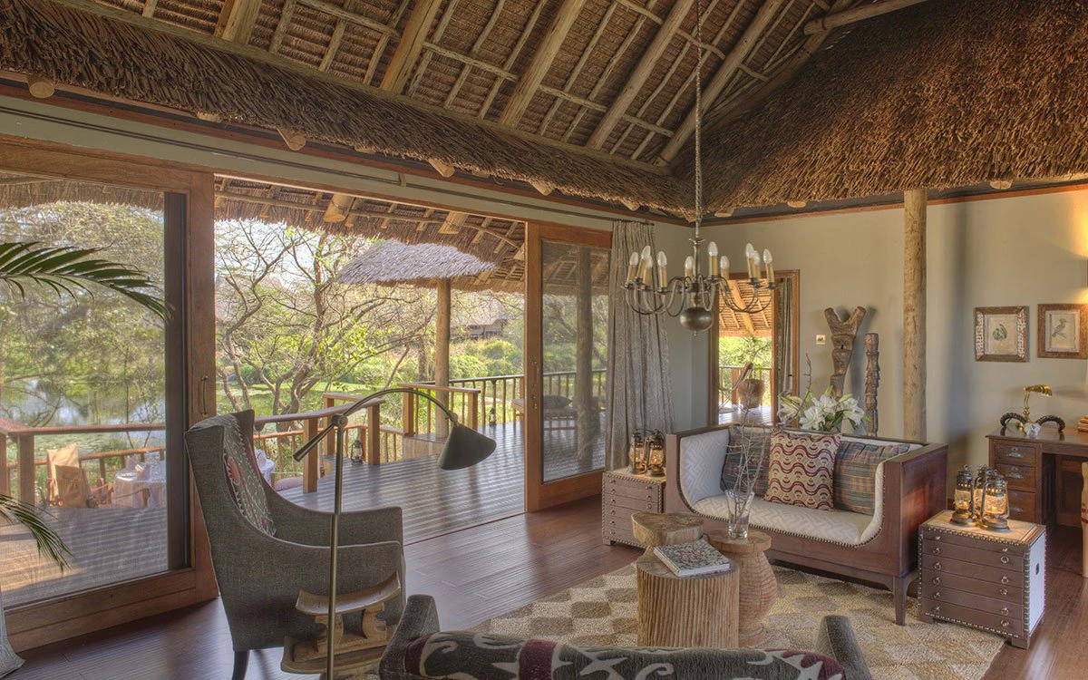 Internal image of the lounge inside the family suite at Finch Hattons