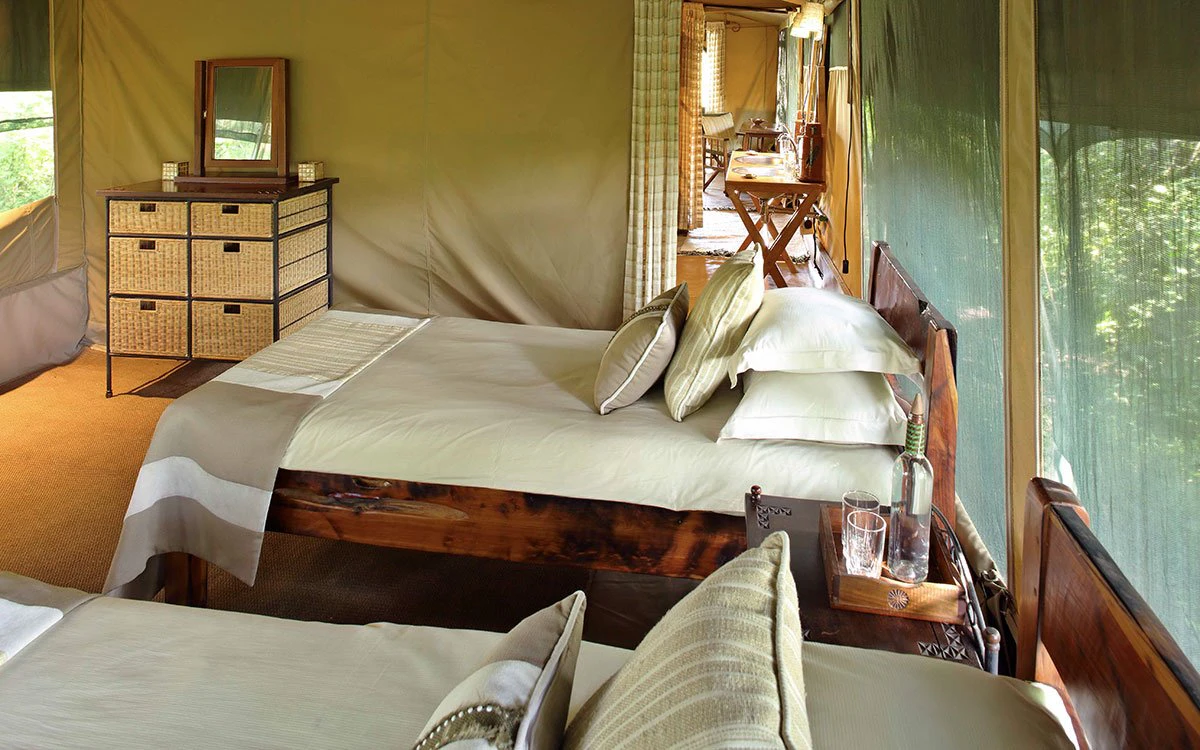 Interior view of the kids bedroom inside the family tent at Rekero Camp