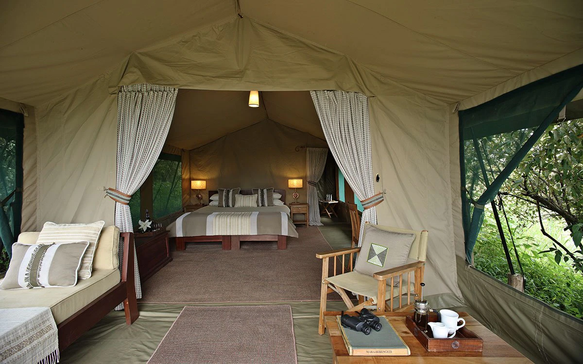 Interior view of one of the tents at Rekero Camp showing the lounge area and the bedroom