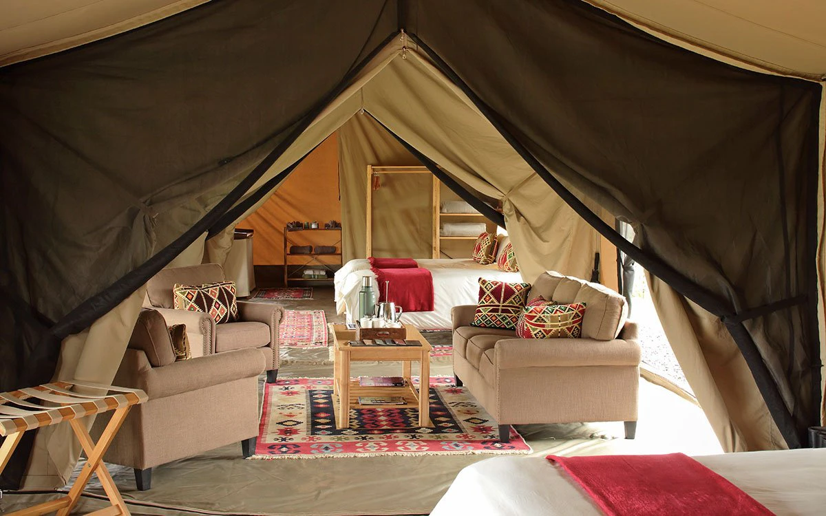 View of the living area inside the family tent at Ol Pejeta