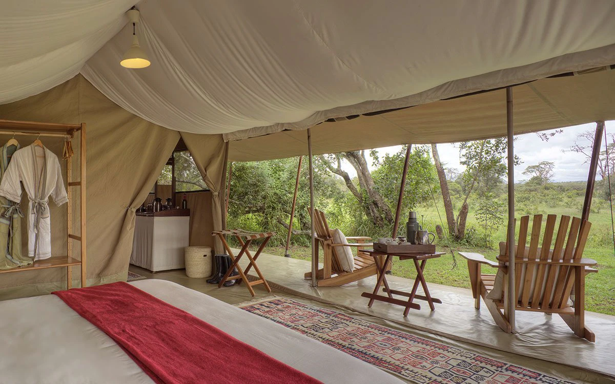 View of the private veranda from inside a guest tent at Ol Pejeta