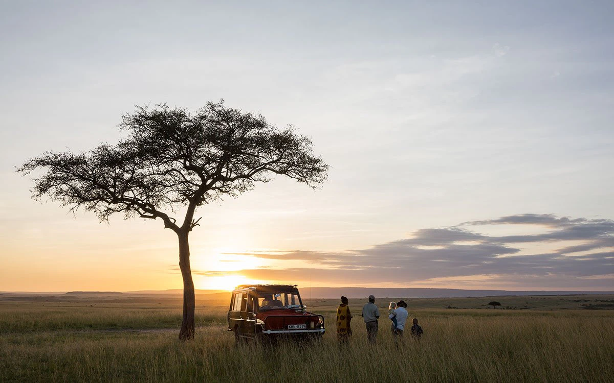 Guests take a break from their evening game drive to enjoy the glorious sunset beneath a tree