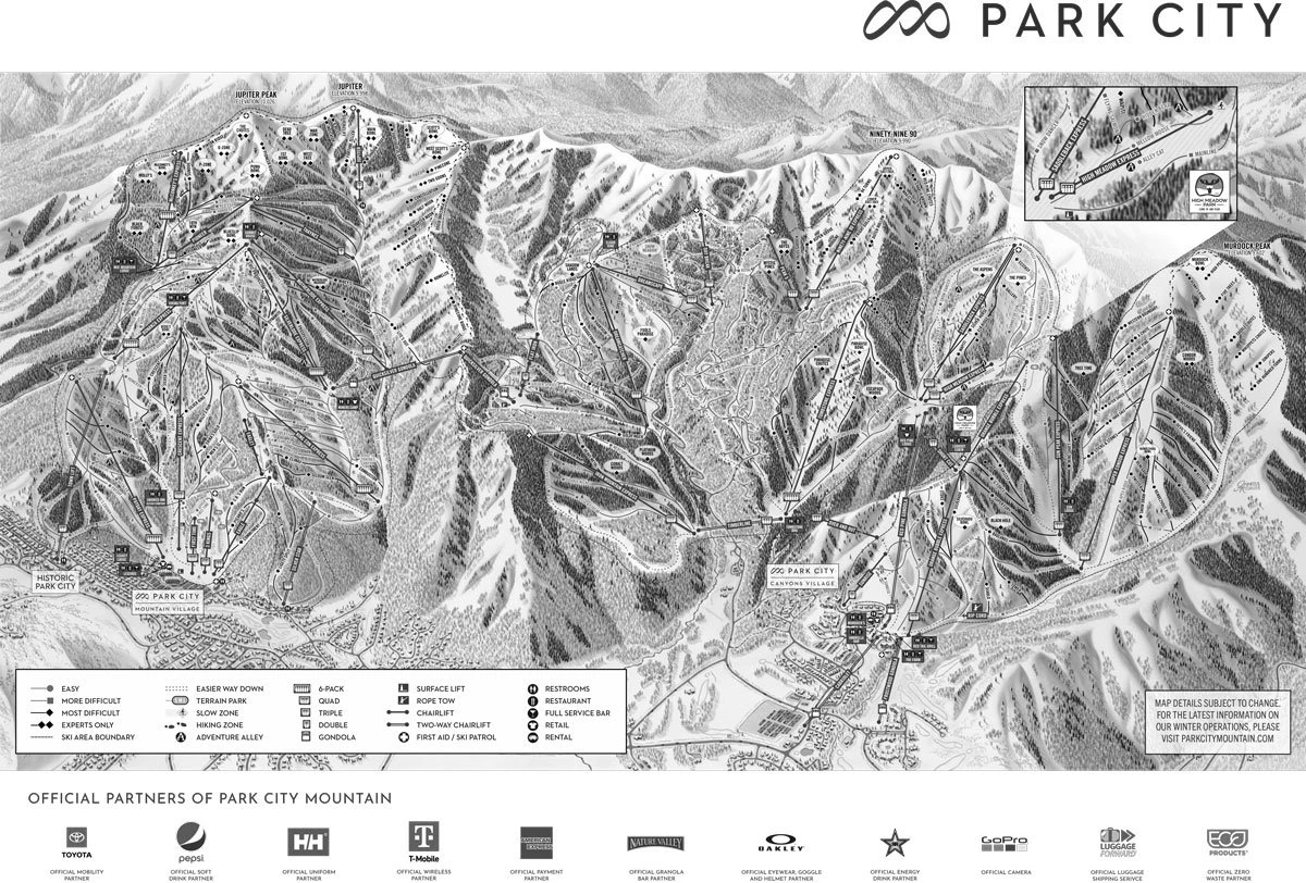 The Park City map highlights the slopes, as well as the location of key facilities.