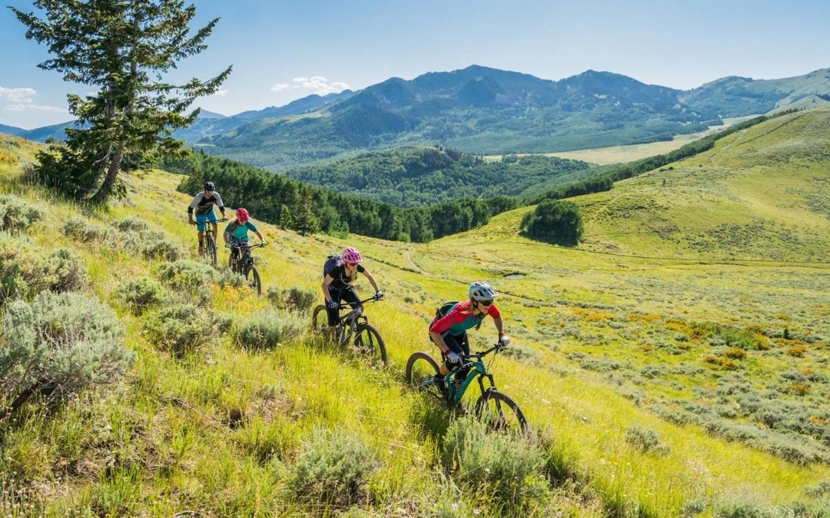A group of guests mountain bike across Deer Valley’s gorgeous summer landscape
