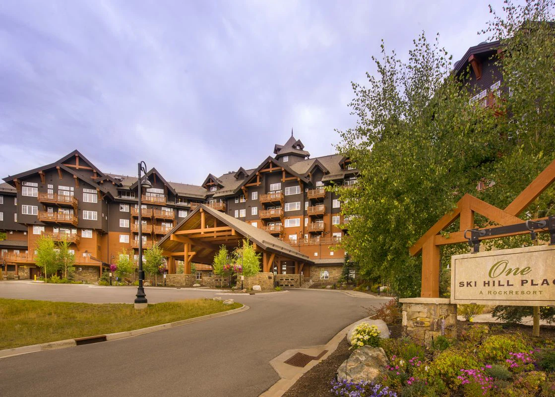The front exterior of One Ski Hill Place in Breckenridge during the summer.