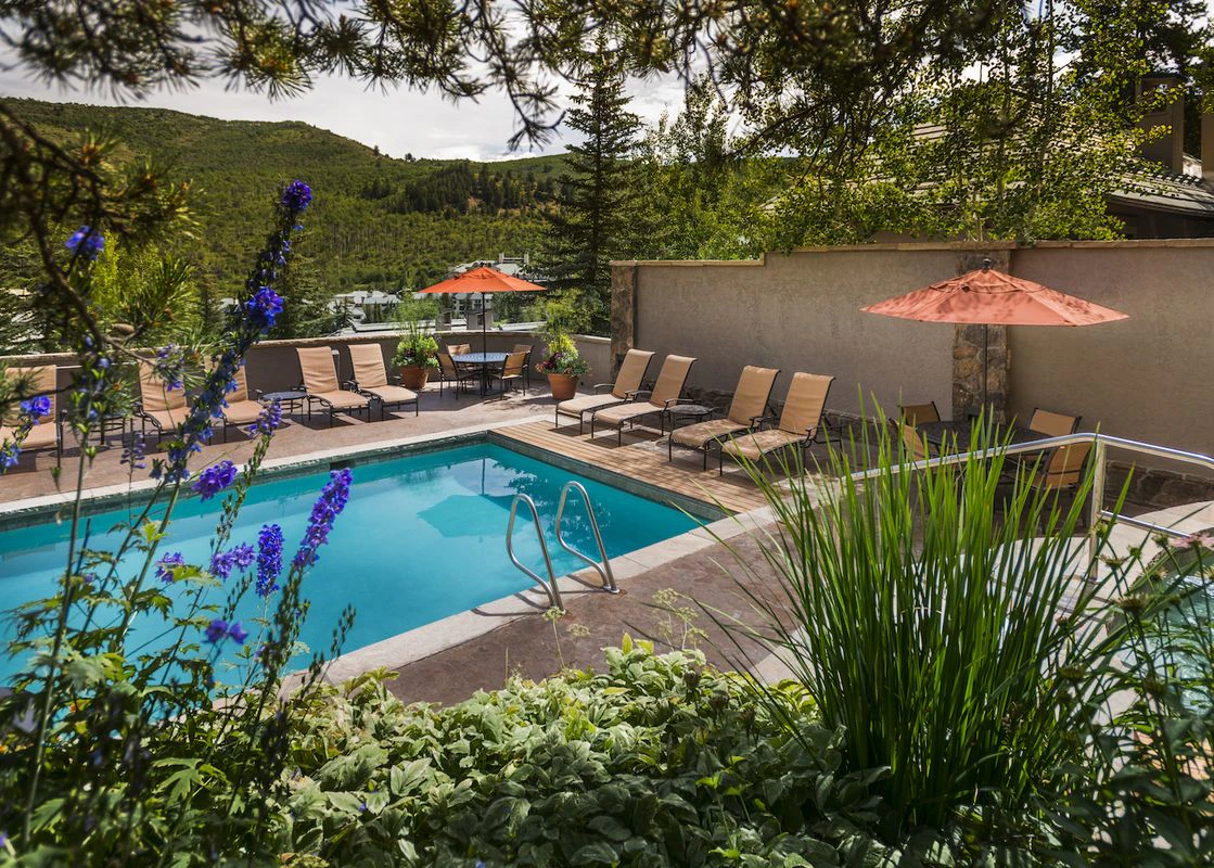 The pool area at Pines Lodge in Beaver Creek in the middle of the summer.