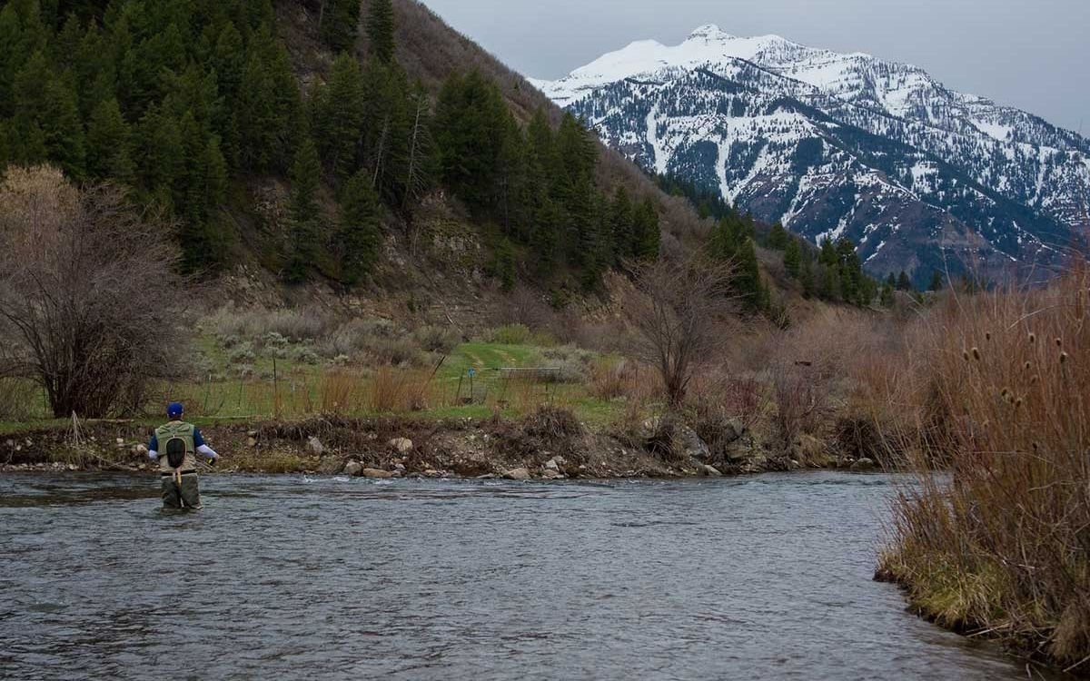 A fisherman casts his line into the river against a beautiful mountain backdrop