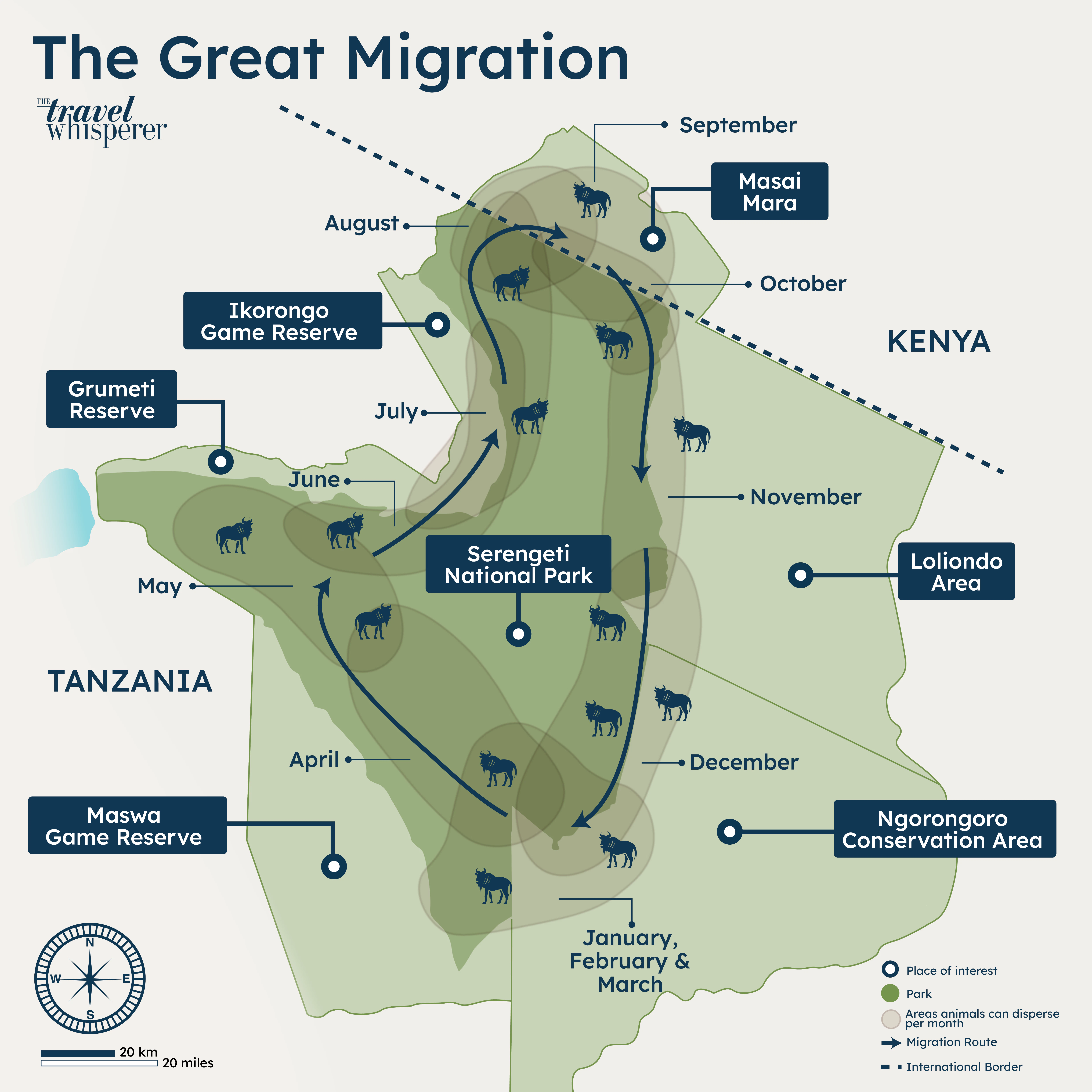 Map illustrating the annual Wildebeest Migration route across Tanzania and Kenya, highlighting key locations such as the Serengeti, Masai Mara, and Grumeti Reserve. Map illustrating the annual Wildebeest Migration route across Tanzania and Kenya, highlighting key locations such as the Serengeti, Masai Mara, and Grumeti Reserve.
