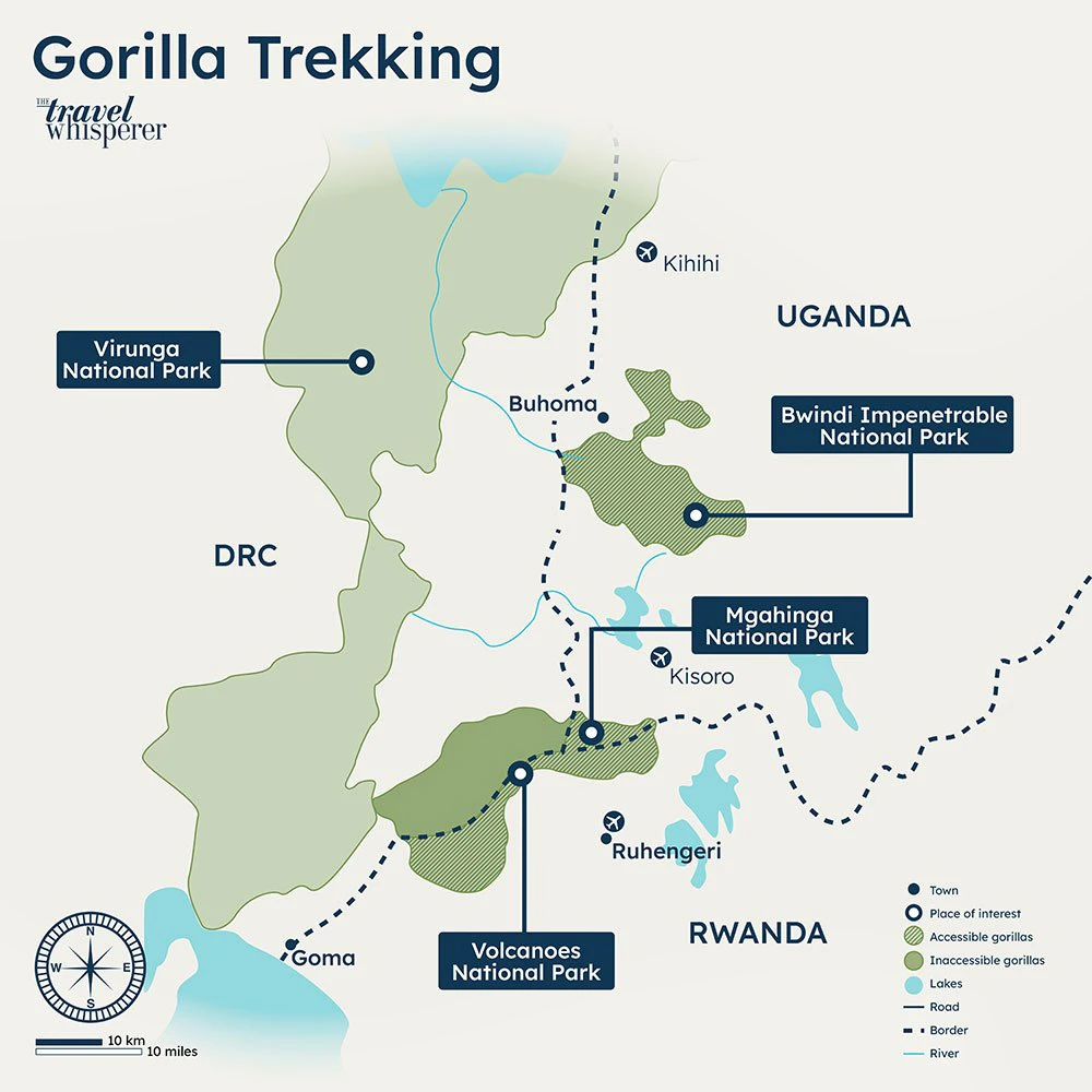 Map highlighting top gorilla trekking locations in Rwanda and Uganda, including Volcanoes National Park, Bwindi Impenetrable National Park, and Mgahinga National Park, with trekking routes and accessible gorilla habitats marked. Map highlighting top gorilla trekking locations in Rwanda and Uganda, including Volcanoes National Park, Bwindi Impenetrable National Park, and Mgahinga National Park, with trekking routes and accessible gorilla habitats marked.
