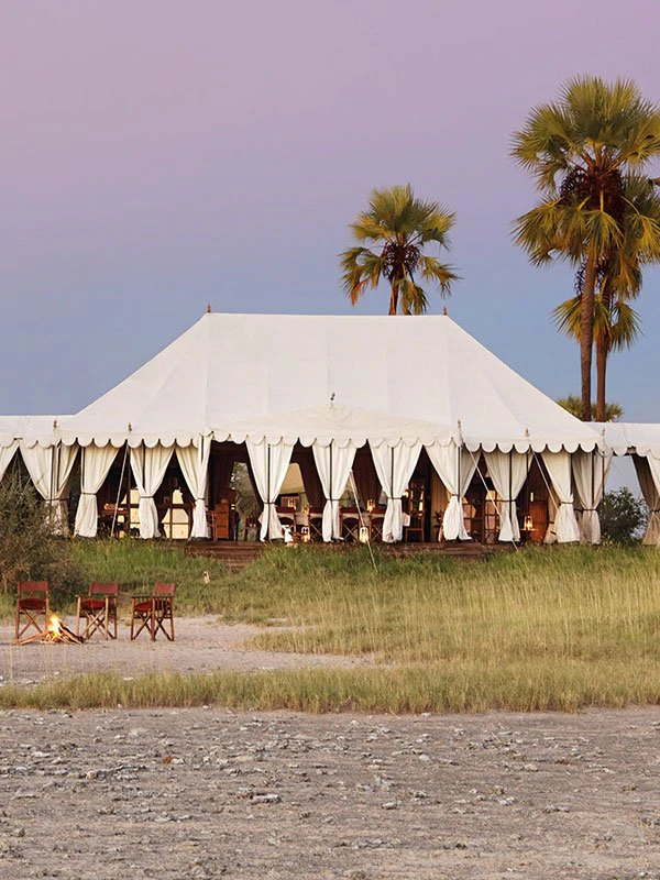 Elegant canvas safari tent at a luxury lodge in Botswana, set against palm trees and a pastel sunset sky, with a campfire and seating in the foreground.
