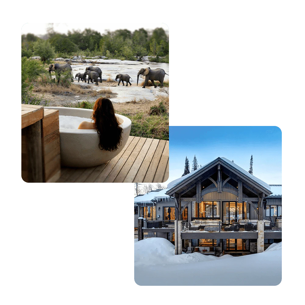 Luxury safari and ski experiences – a woman enjoys a bubble bath while watching elephants at a South African safari lodge, paired with a view of a snow-covered luxury ski chalet in the mountains.