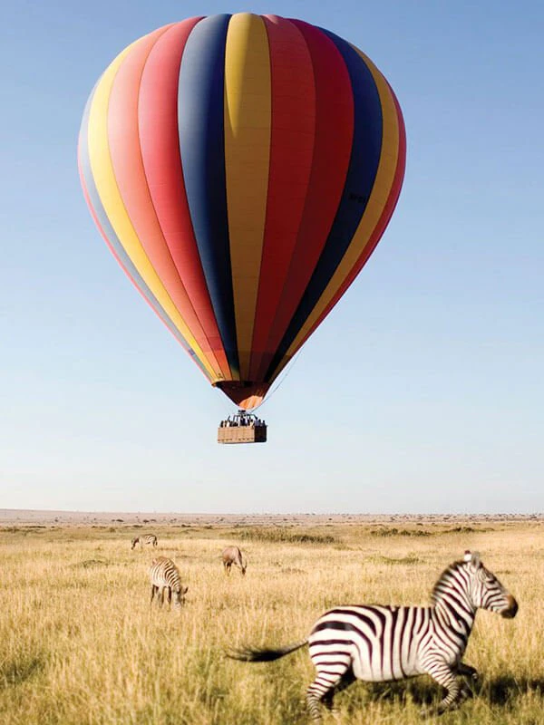 Colorful hot air balloon flying over the African savannah with zebras grazing below, offering a romantic aerial safari experience.