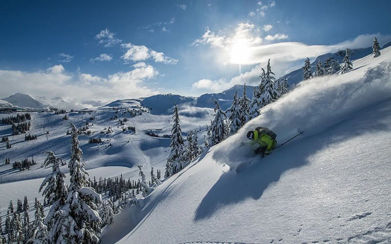 Skier descending snowy slopes at Whistler Blackcomb, highlighting winter sport access from Whistler Luxury Rentals.