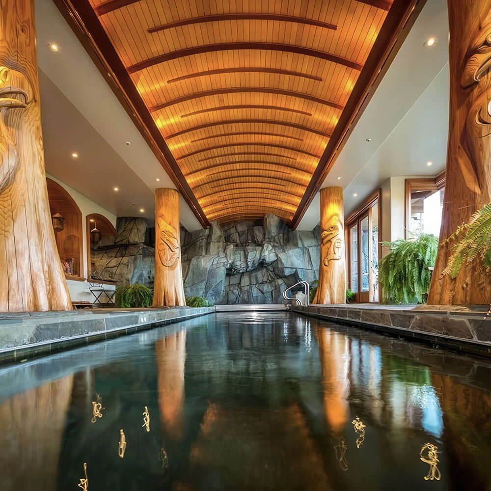 Indoor pool at Chalet Akasha in Whistler, showcasing timber beams and natural stone finishes—an exquisite feature of Whistler Luxury Rentals.