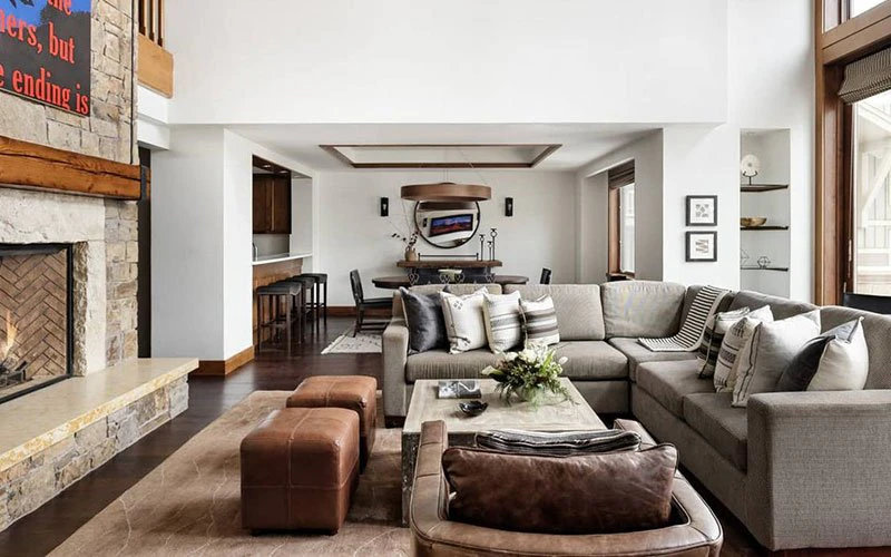 Elegant living room inside Four Seasons Resort & Residences, a premier Jackson Hole condo offering ski-in/ski-out access and luxurious mountain accommodation.