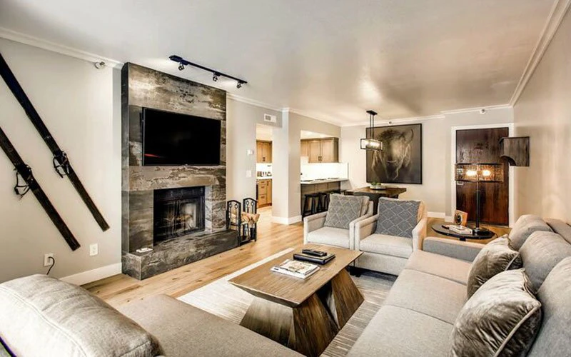 Park Station Park City Condos contemporary living room with fireplace and alpine-style design on Main Street.
