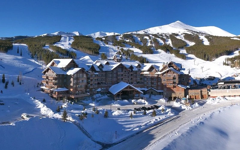 Aerial view of One Ski Hill Place at Peak 8, offering luxury Breckenridge Condos with ski-in/ski-out access and alpine elegance