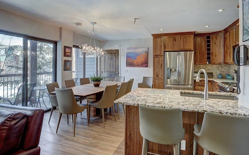 Bright kitchen and dining space at River Mountain Lodge, centrally located Breckenridge Condos by the Blue River
