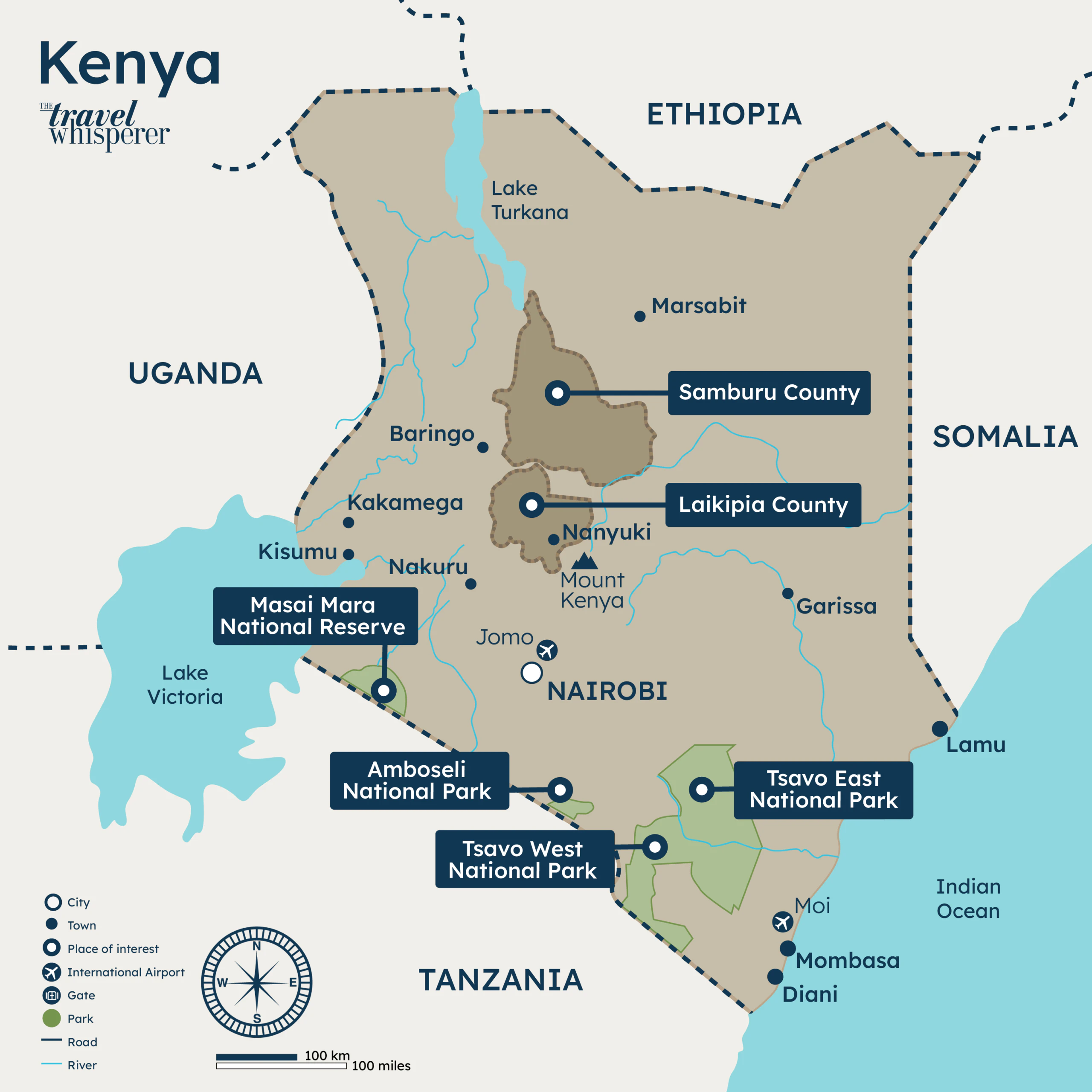 Detailed map of Kenya, including points of interest and luxury safari destinations.