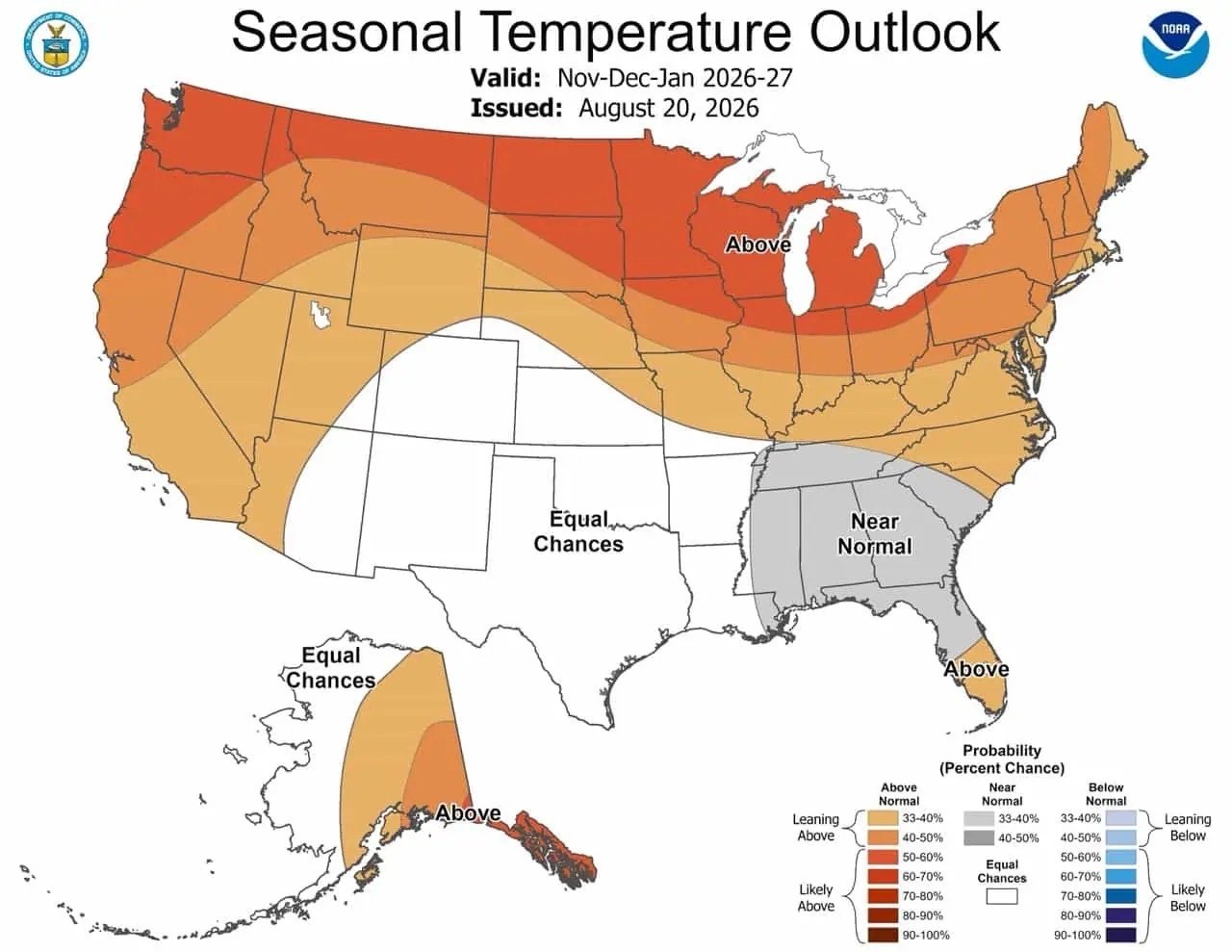 NOAA Climate Prediction Center seasonal temperature outlook for November, December and January 2026-27, showing above-normal temperature probabilities across the northern United States and equal chances across Colorado and the Southwest